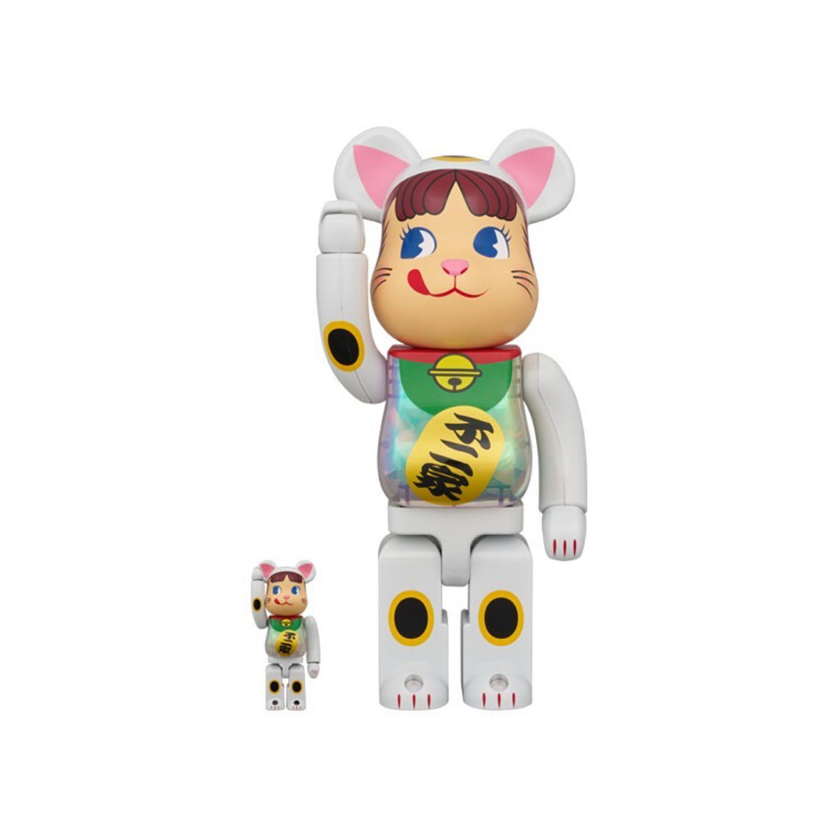 100％ & 400％ BE@RBRICK 招き猫 ペコちゃん 白メッキ 蓄光ミルキー入り