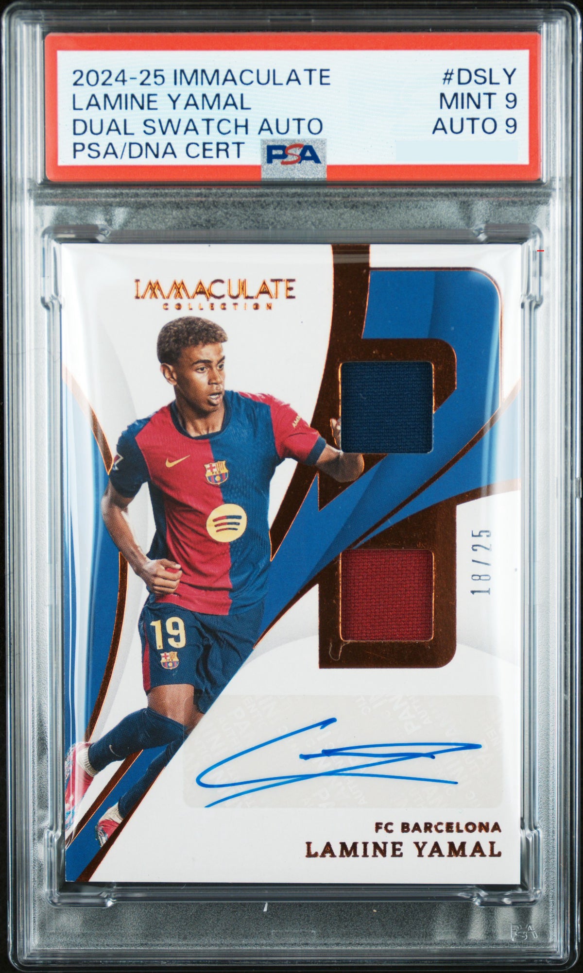 PSA 9 AUTO 9 2024-25 PANINI IMMACULATE COLLECTION DUAL SWATCH AUTOGRAPHS #DSLY LAMINE YAMAL DUAL SWATCH AUTO