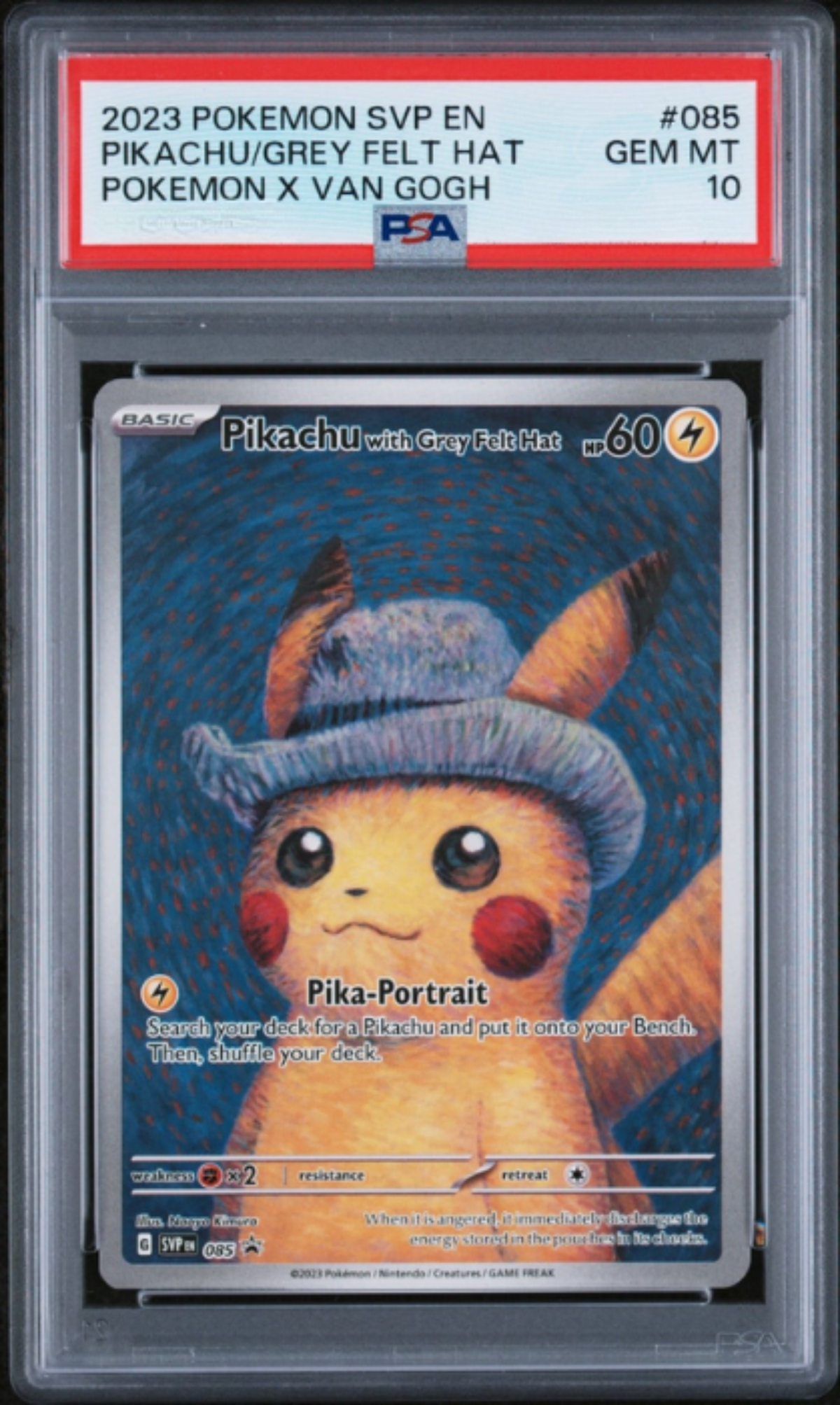 PSA10 2023 POKEMON SVP EN-SV BLACK STAR PROMO #085 PIKACHU/GREY FELT HAT POKEMON X VAN GOGH SVP EN 085