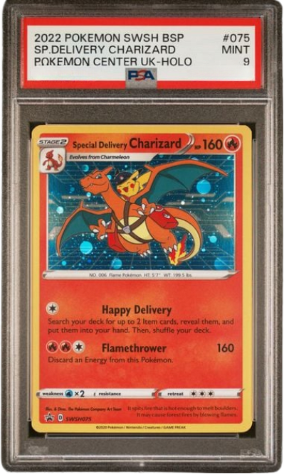 PSA9 2022 POKEMON SWSH BLACK STAR PROMO #075 SP.DELIVERY CHARIZARD POKEMON CENTER UK-HOLO SWSH075